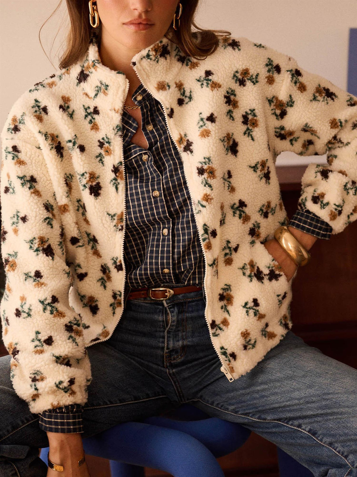 Fleece med blomster - Beige