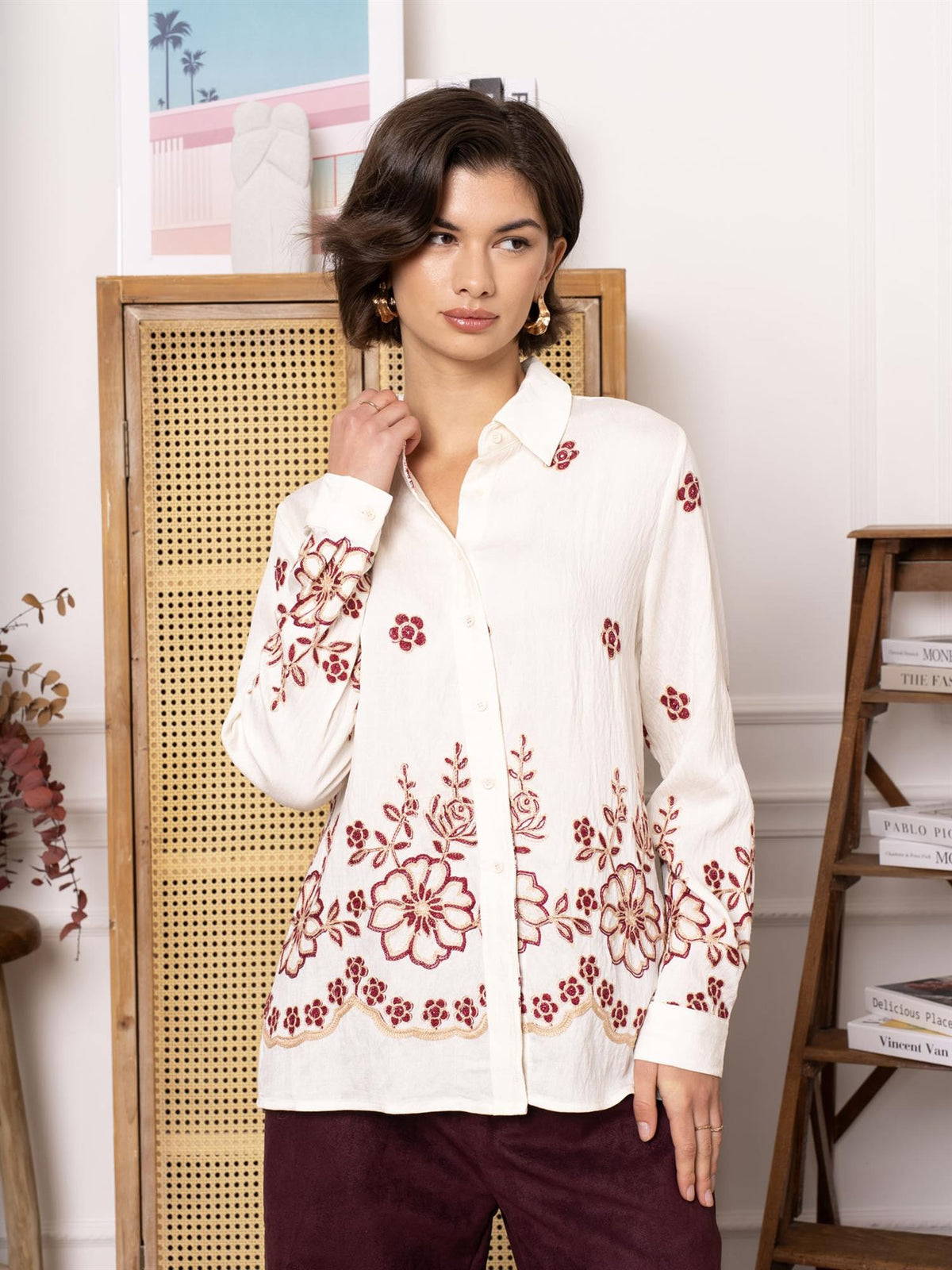 Skjorte med rose - Beige