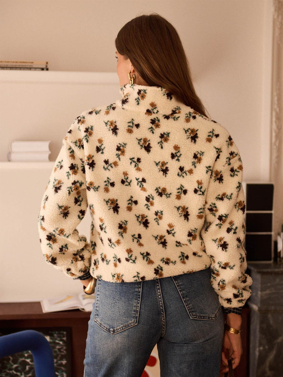 Fleece med blomster - Beige