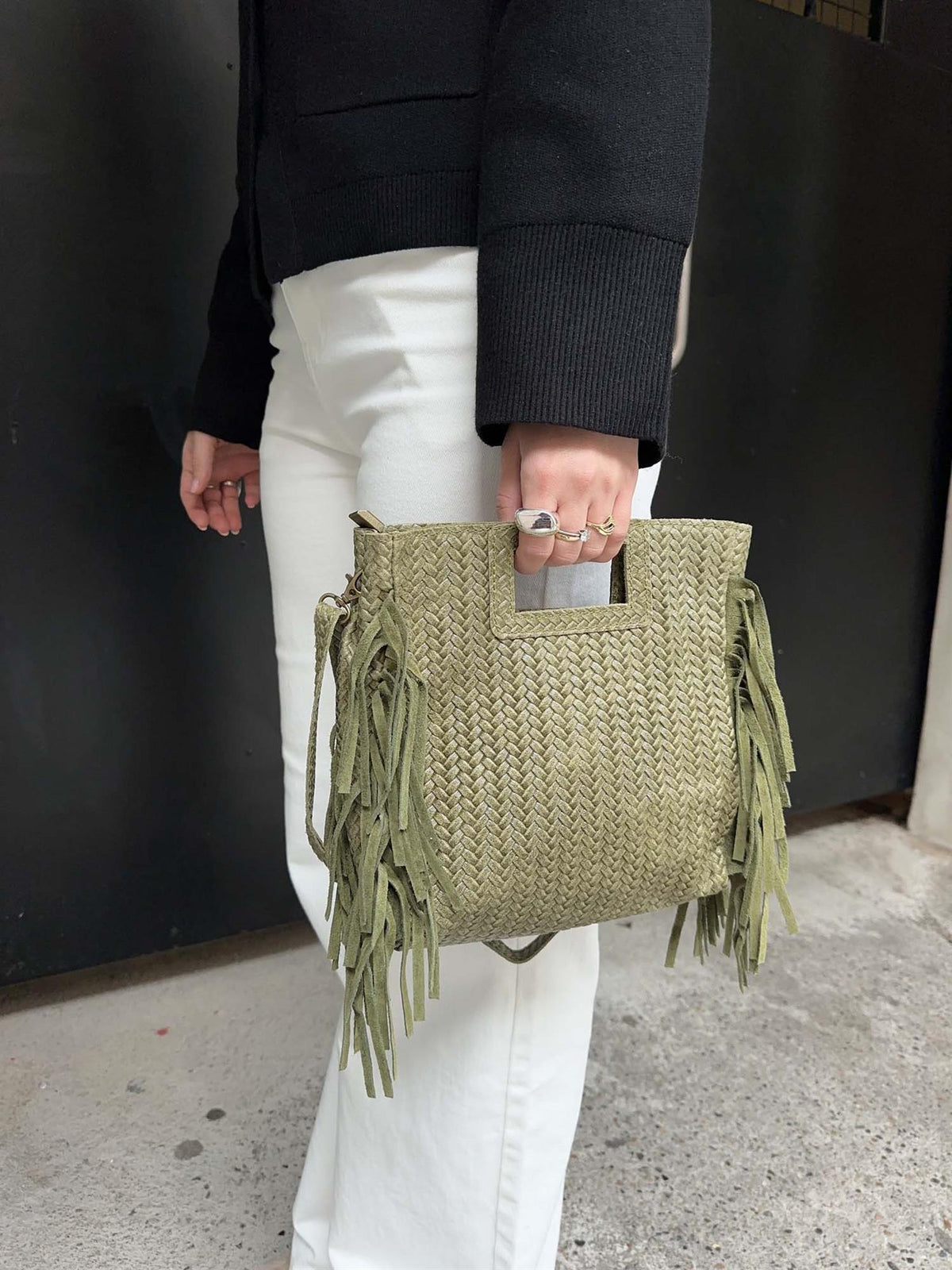 Håndveske med frynser - Khaki
