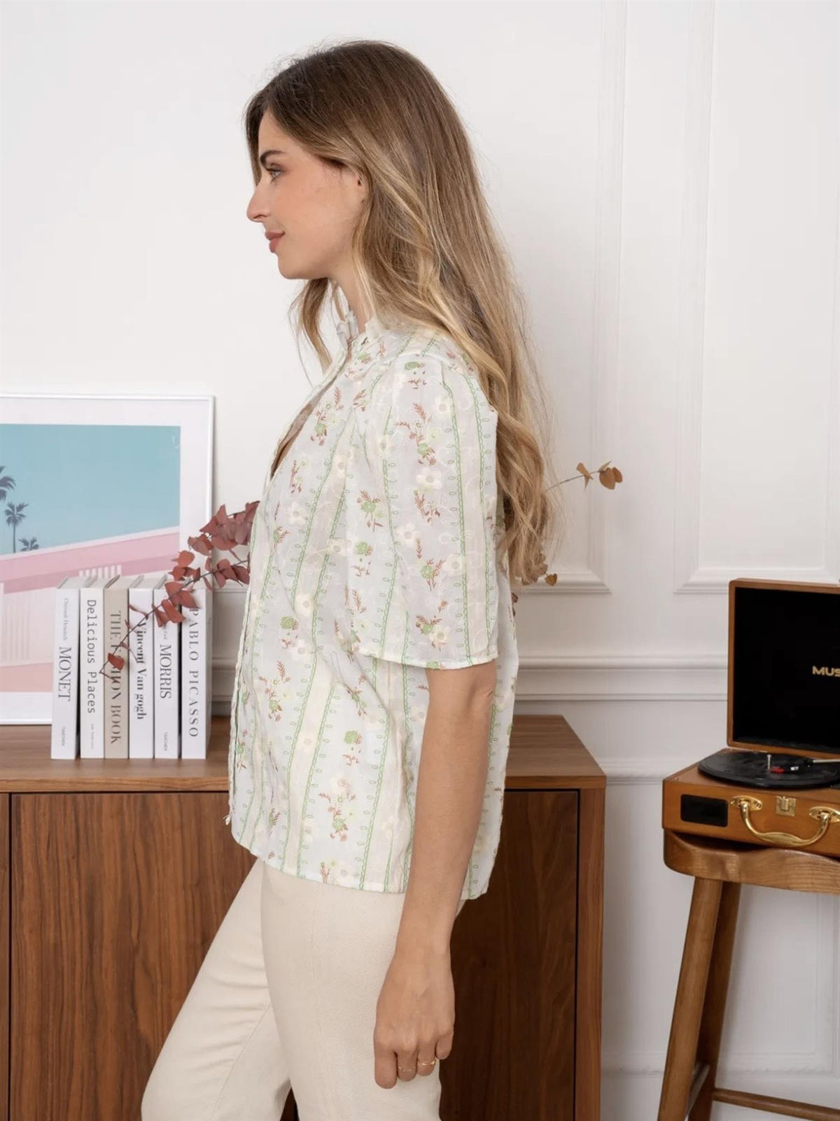 Bluse med blomsterprint - Grønn/Rosa