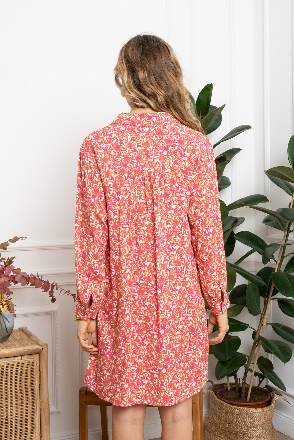 Skjortekjole med blomster - Fuchsia