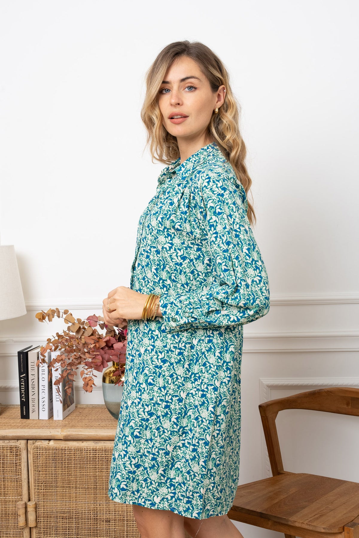 Skjortekjole med blomster - Blå