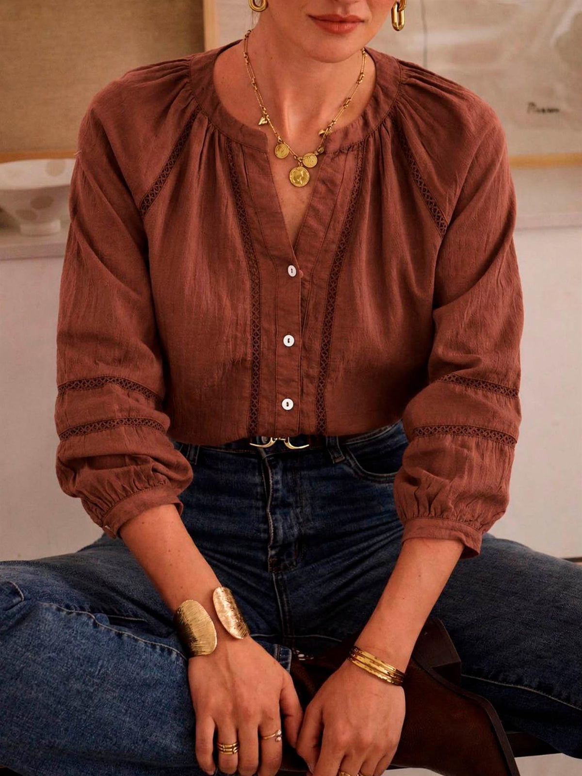 Bluse med detaljer - Brun