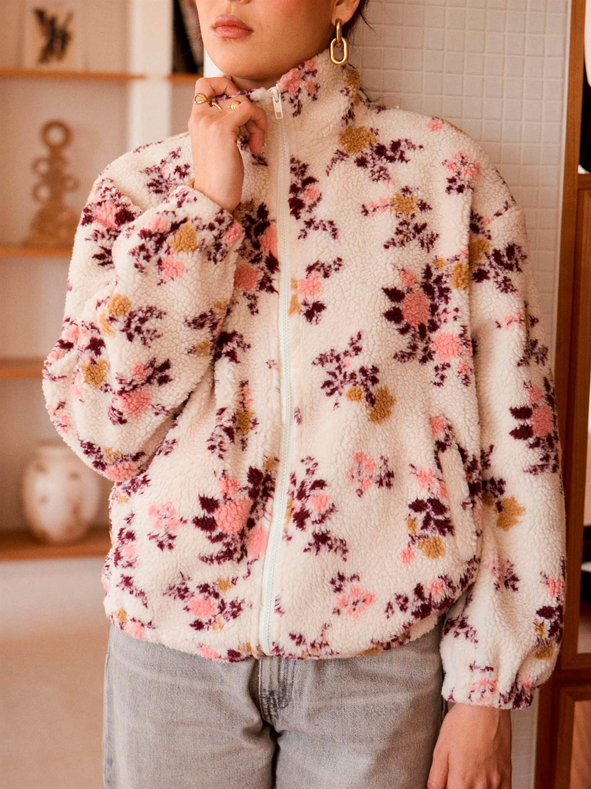 Fleece med blomster - Beige