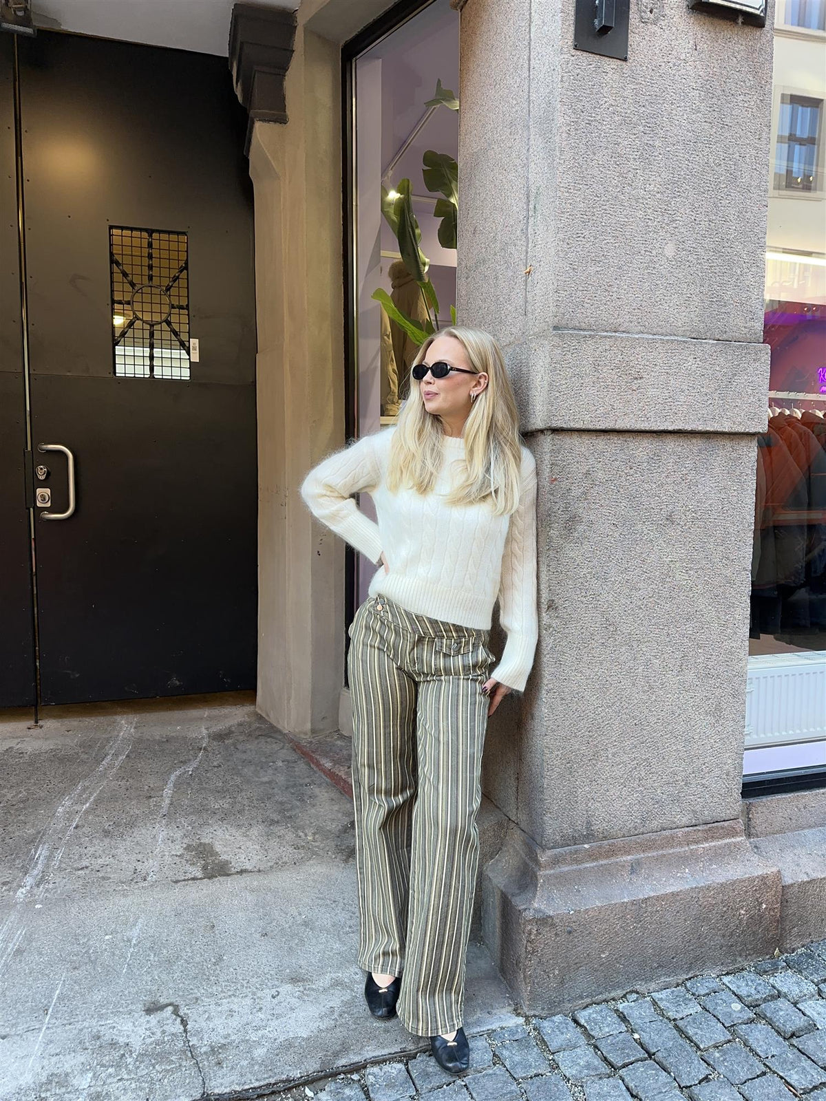 Vide jeans med striper - Khaki