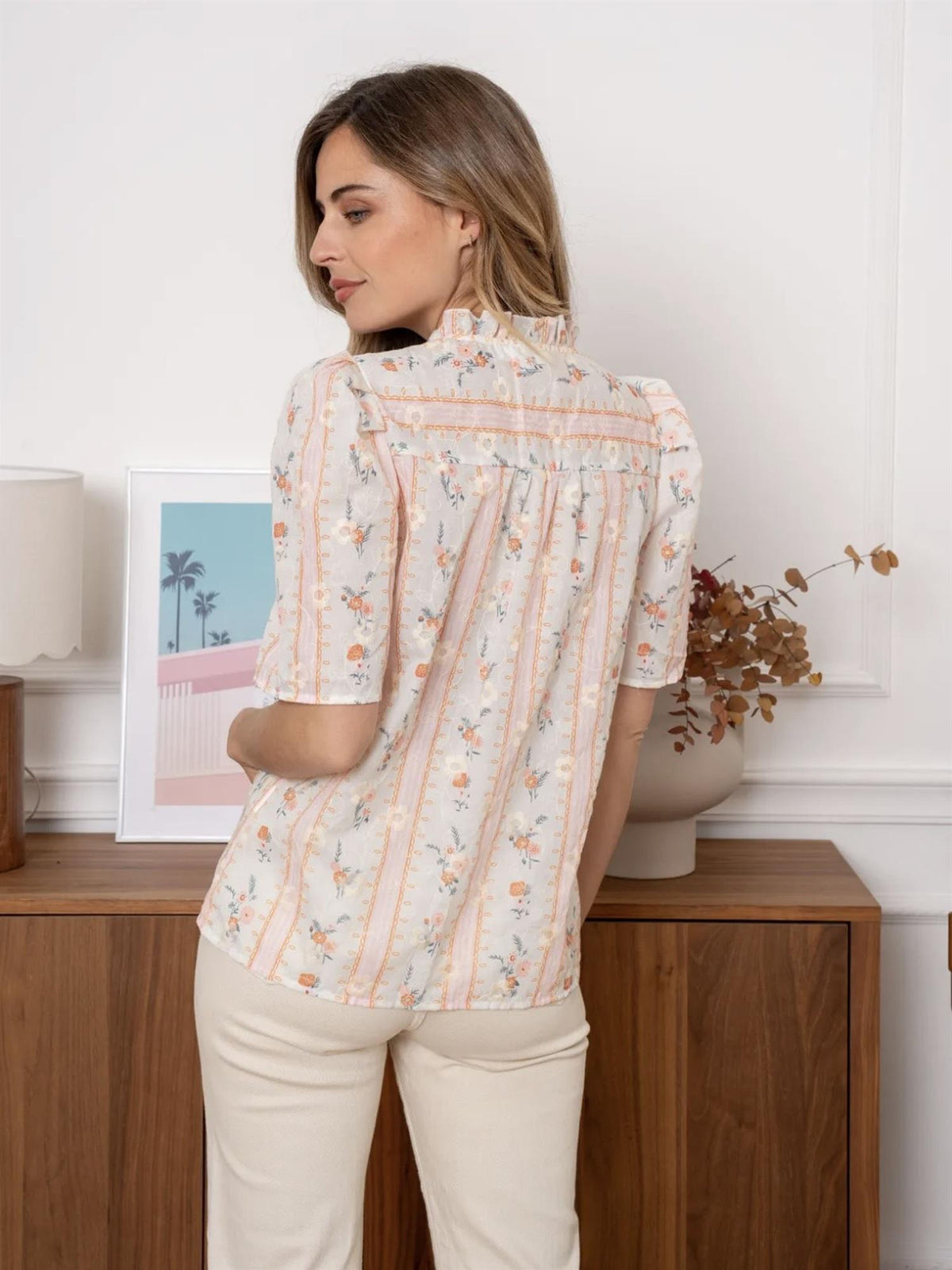 Bluse med blomsterprint - Oransje/Blå