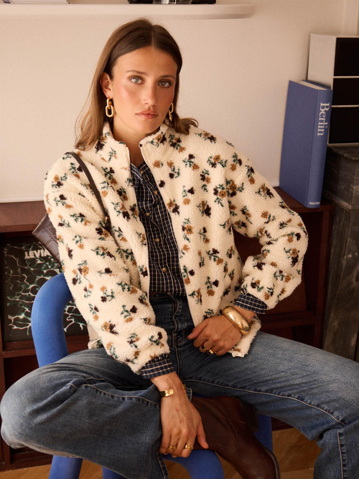 Fleece med blomster - Beige