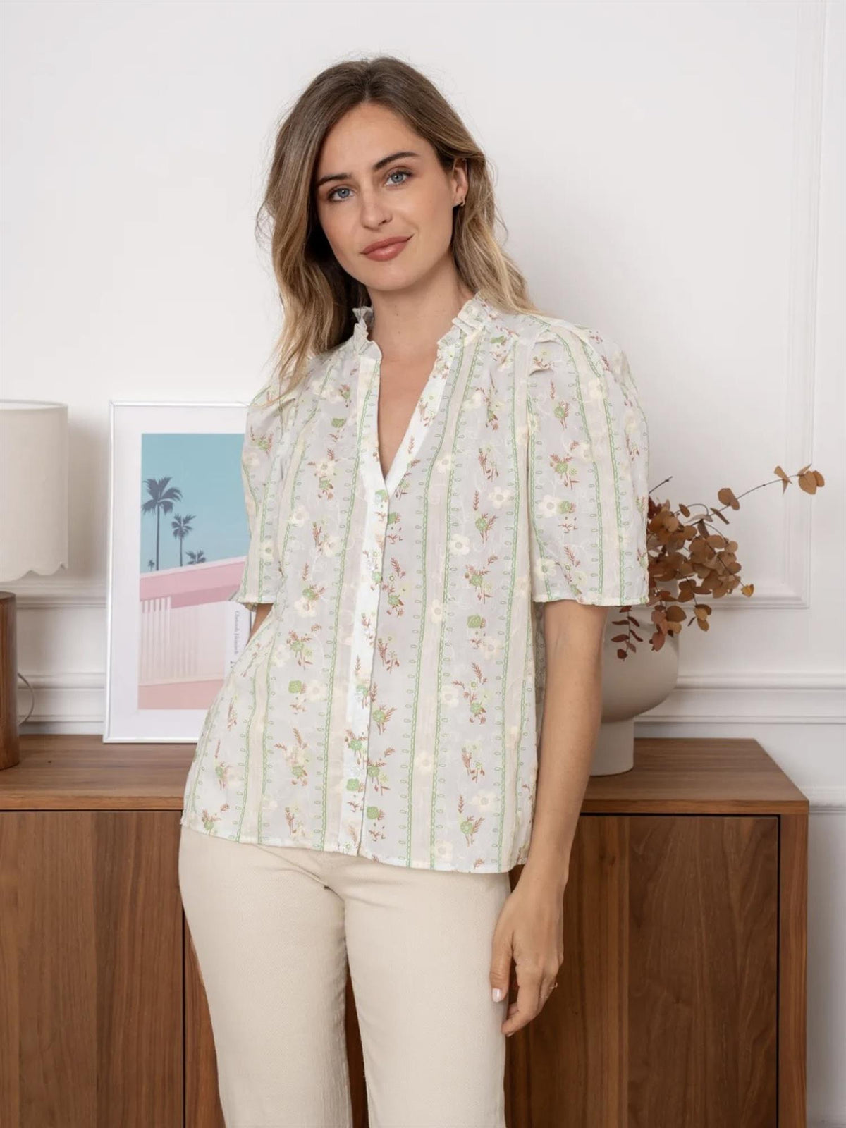 Bluse med blomsterprint - Grønn/Rosa