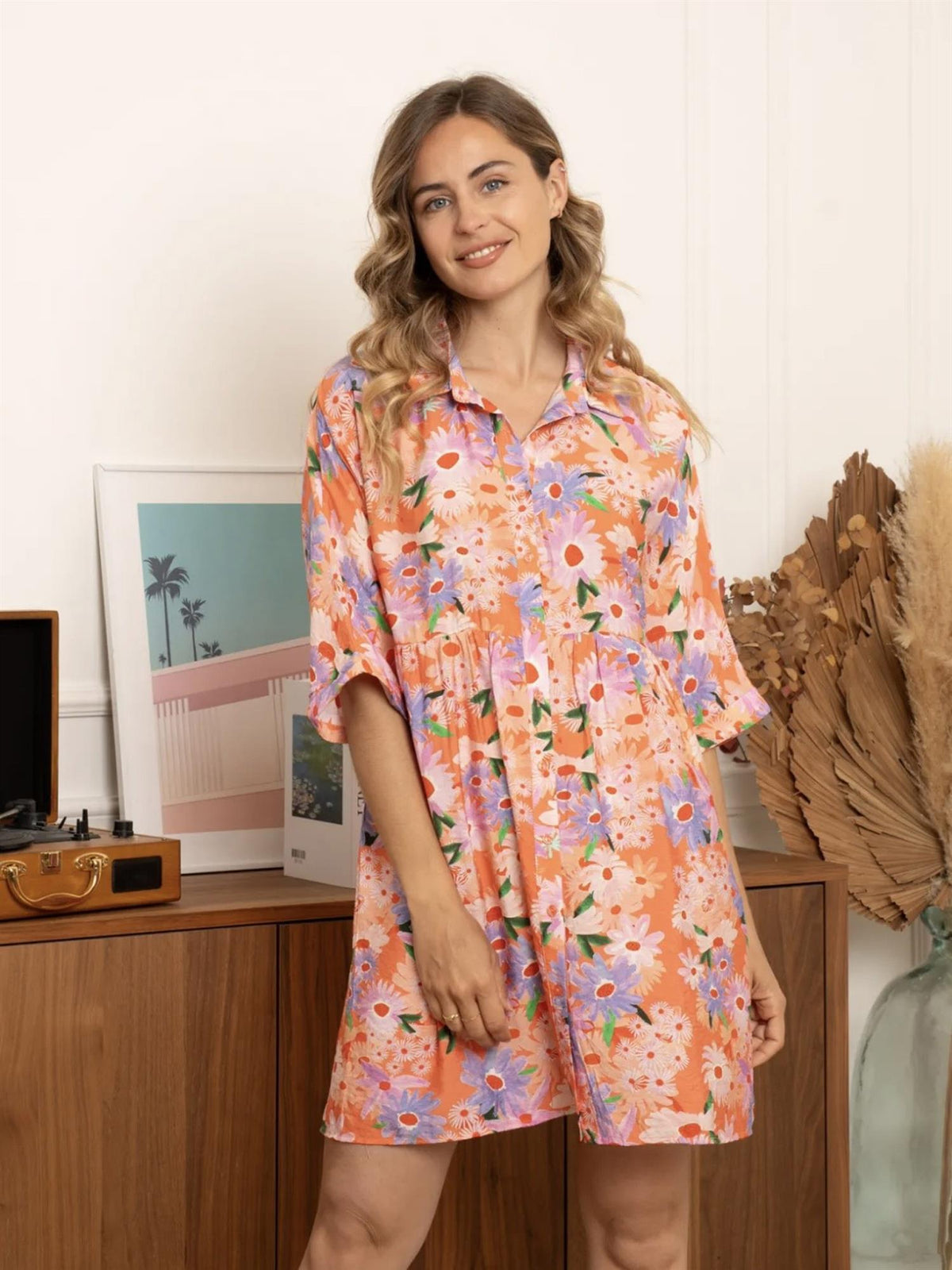 Kjole med blomsterprint - Oransje