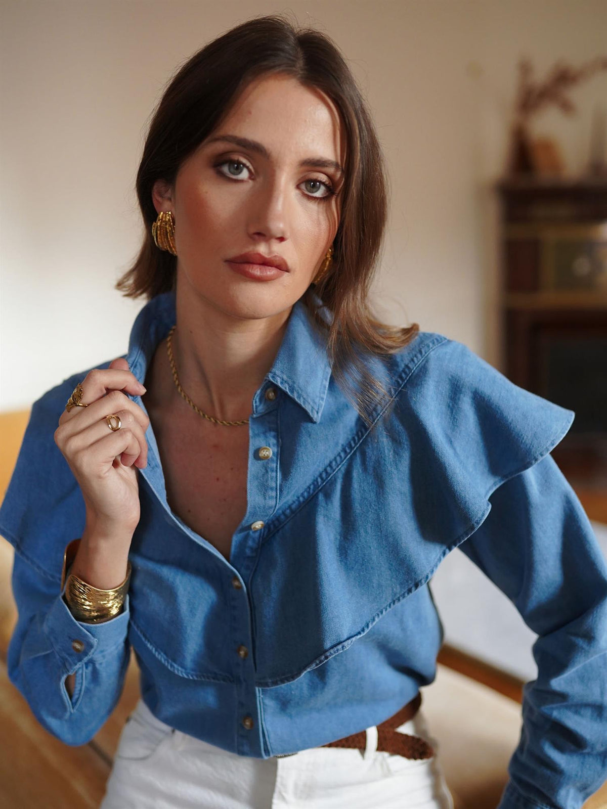Denimbluse med volanger - Blå Denim