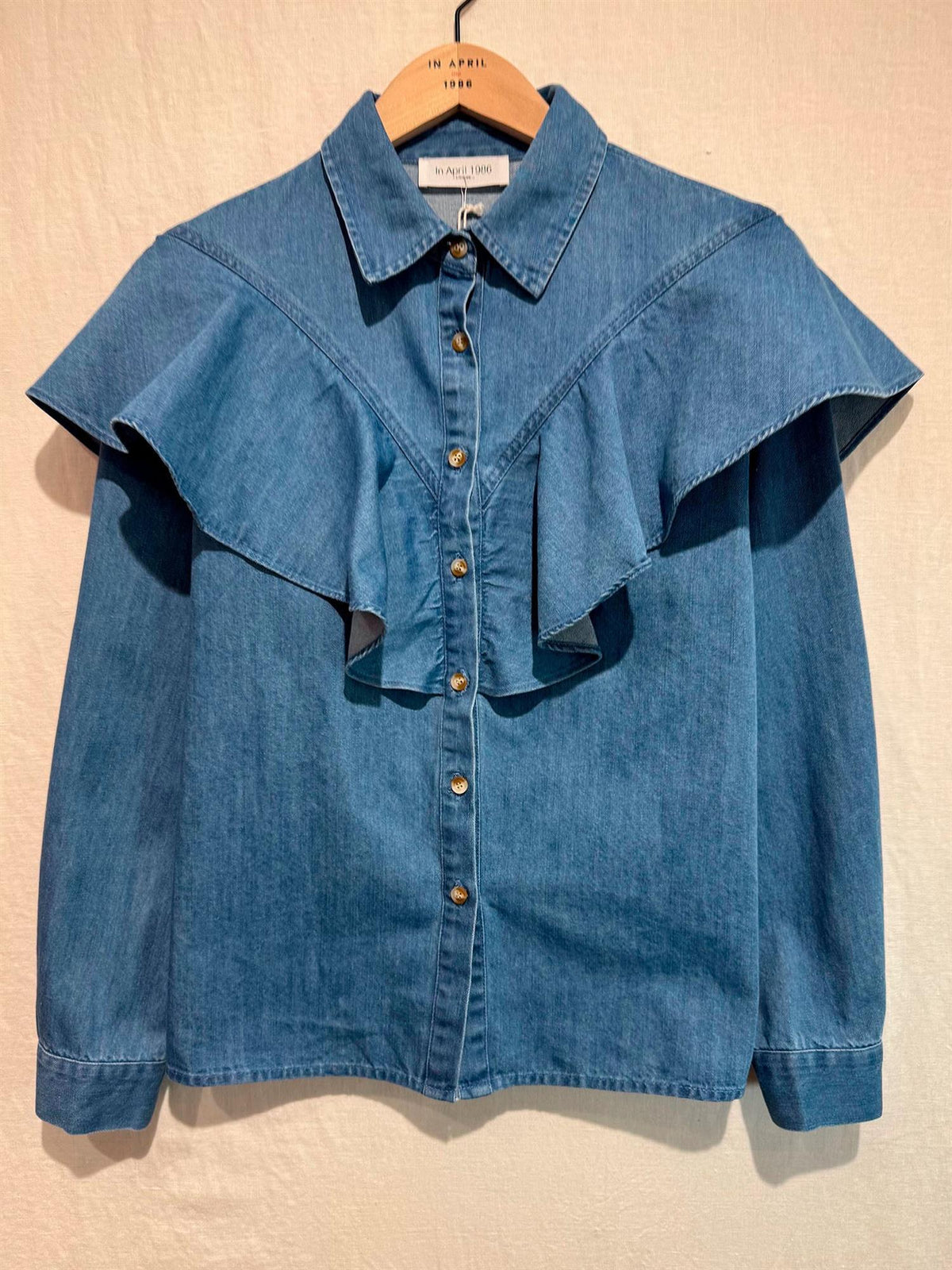 Denimbluse med volanger - Blå Denim