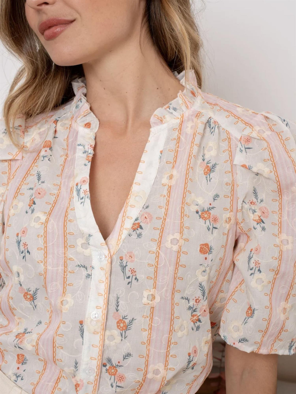 Bluse med blomsterprint - Oransje/Blå