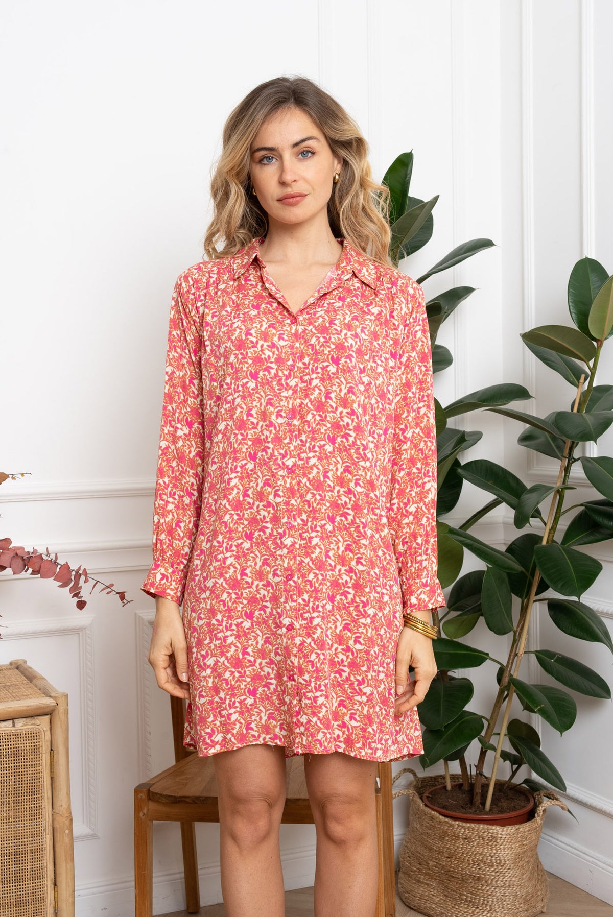 Skjortekjole med blomster - Fuchsia