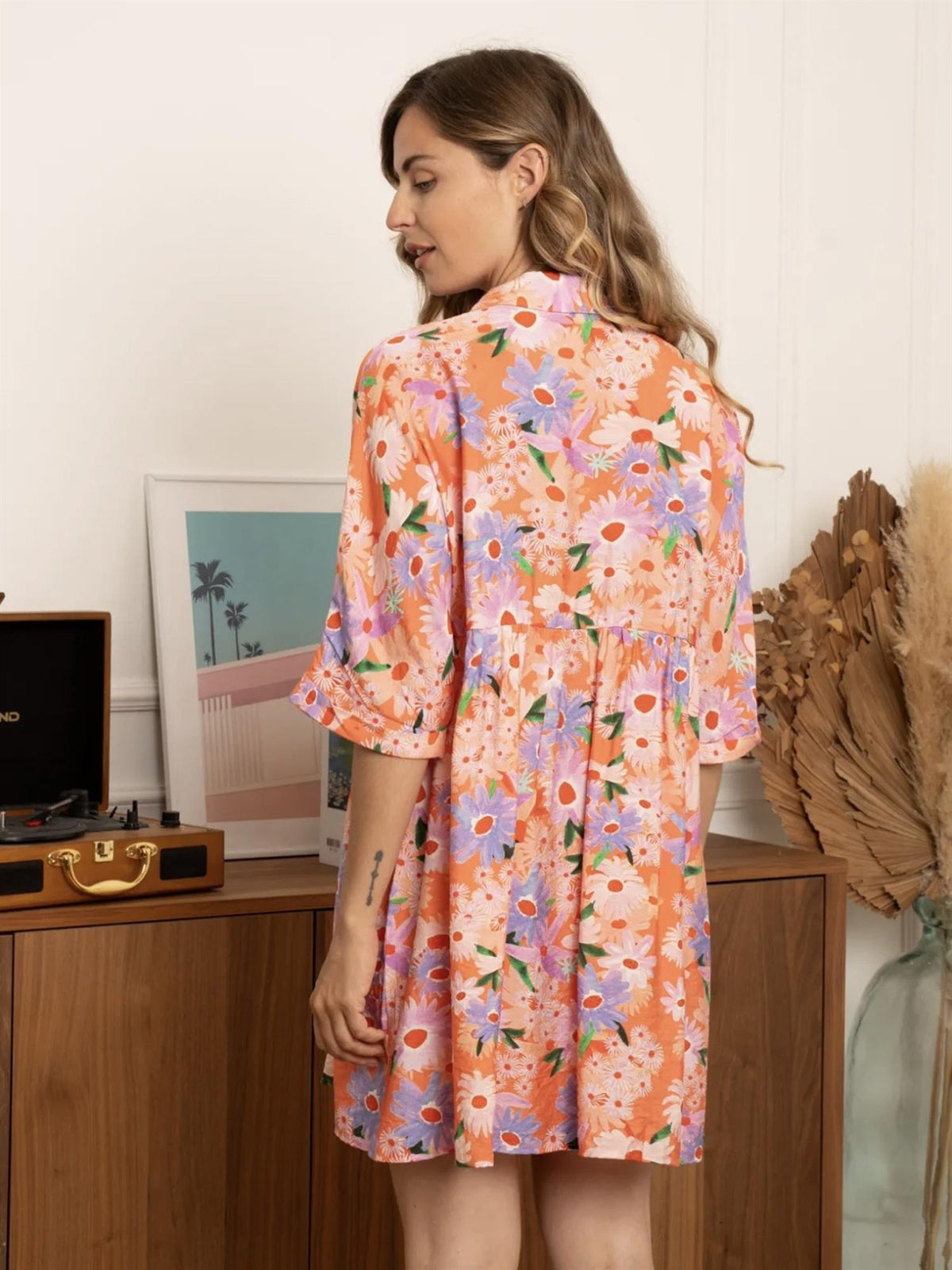 Kjole med blomsterprint - Oransje