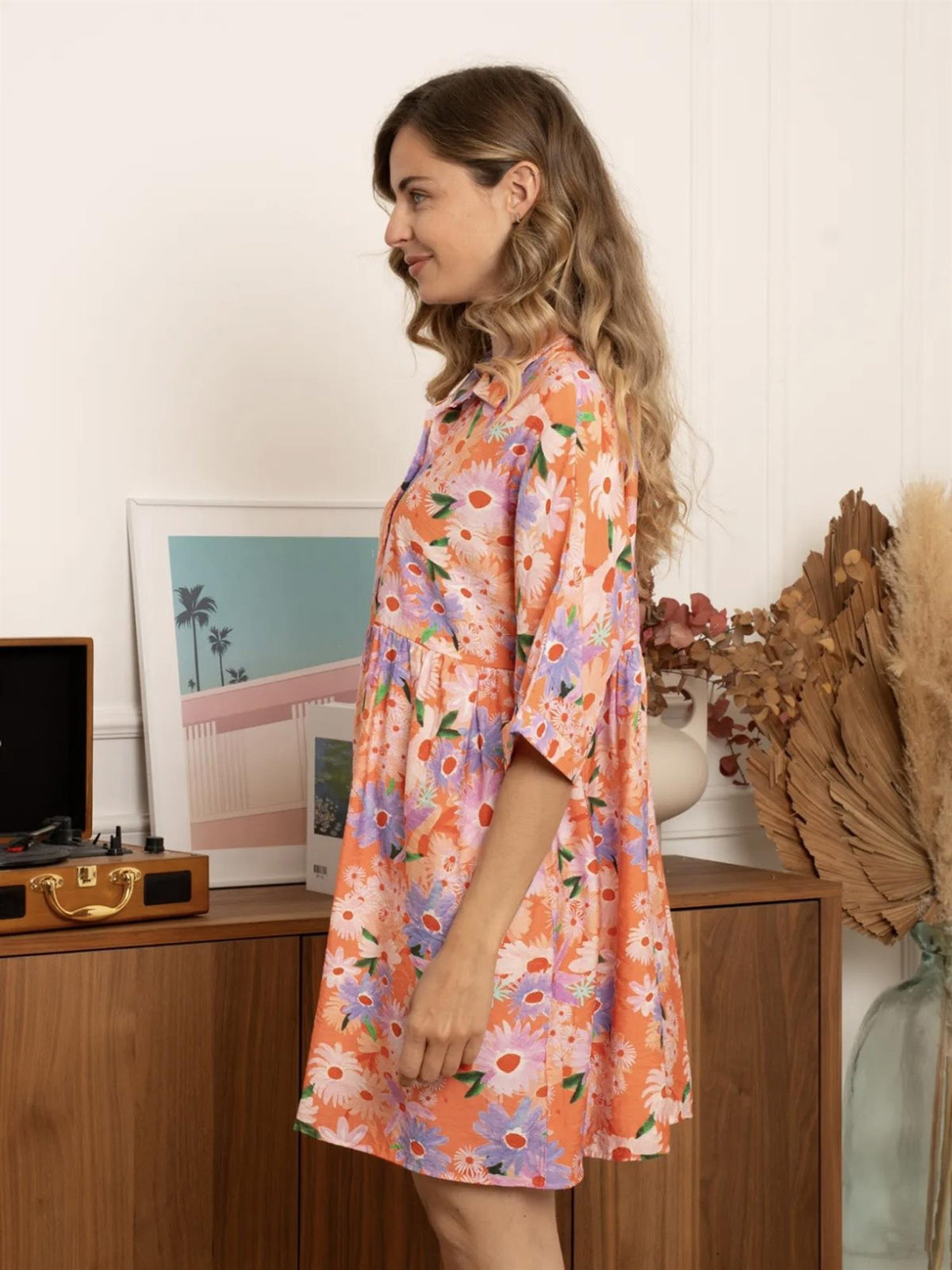 Kjole med blomsterprint - Oransje