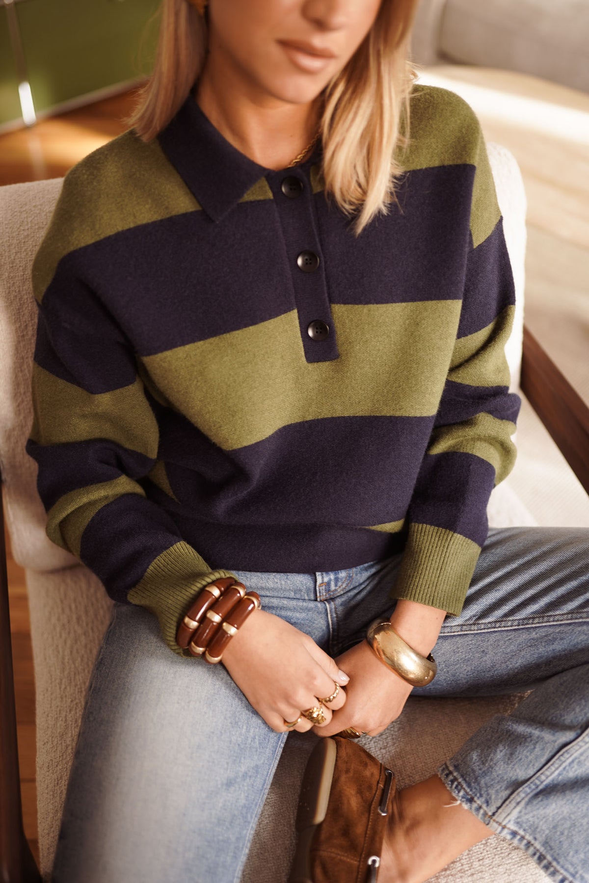 Pologenser med brede striper - Khaki